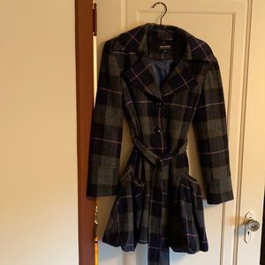 COFFEESHOP PLAID WOOL PEA COAT WITH RUFFLE SKIRT BOTTOM SIZE XL
